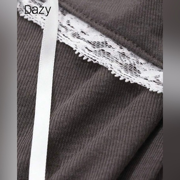 LAST ONE Gray Long Sleeve Top with White Lace Detail - Picture 7 of 9